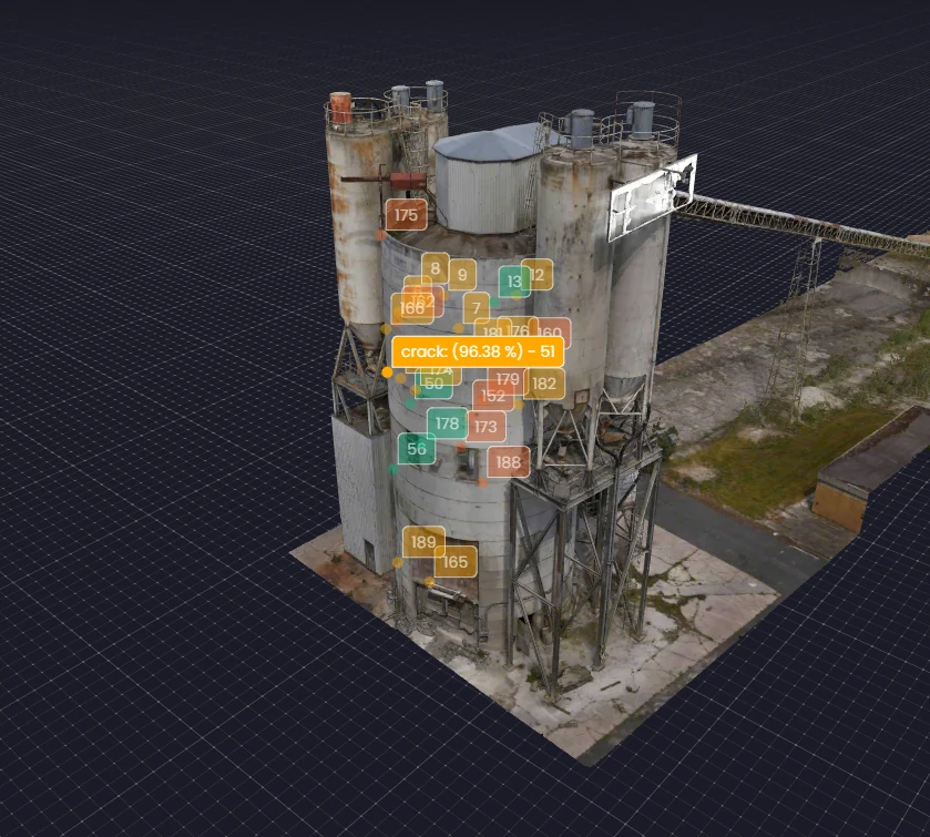 AI defect detection segmentation overlay on bridge girders from drone inspection imagery