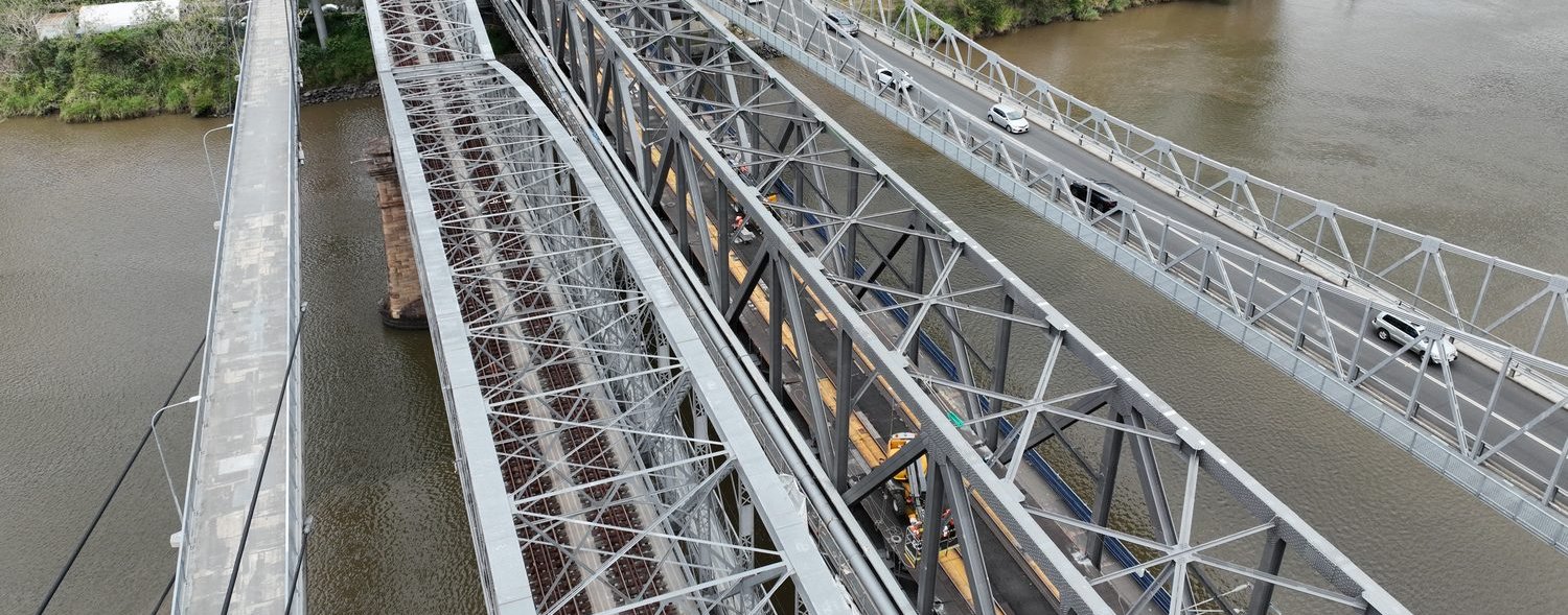 Aerial drone photograph of the Indooroopilly rail bridge, Brisbane