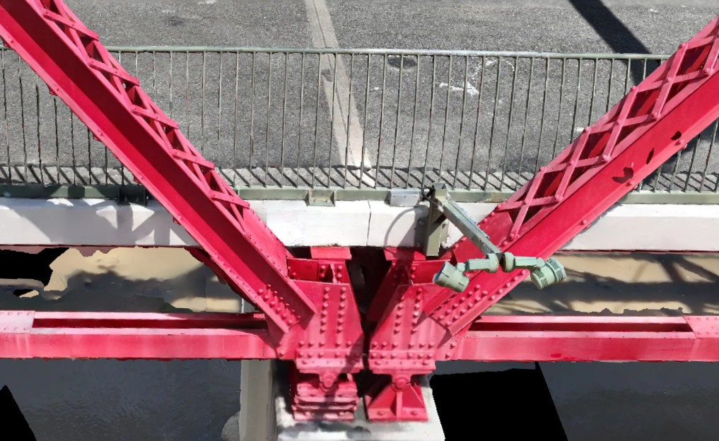 Textured photogrammetric mesh of a riveted bridge truss node from a digital twin